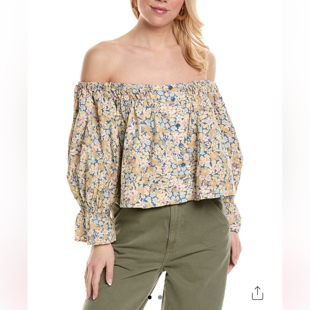 Free People James Smock Top in Light Blue Chambray Combo, Size XLarge, NWT